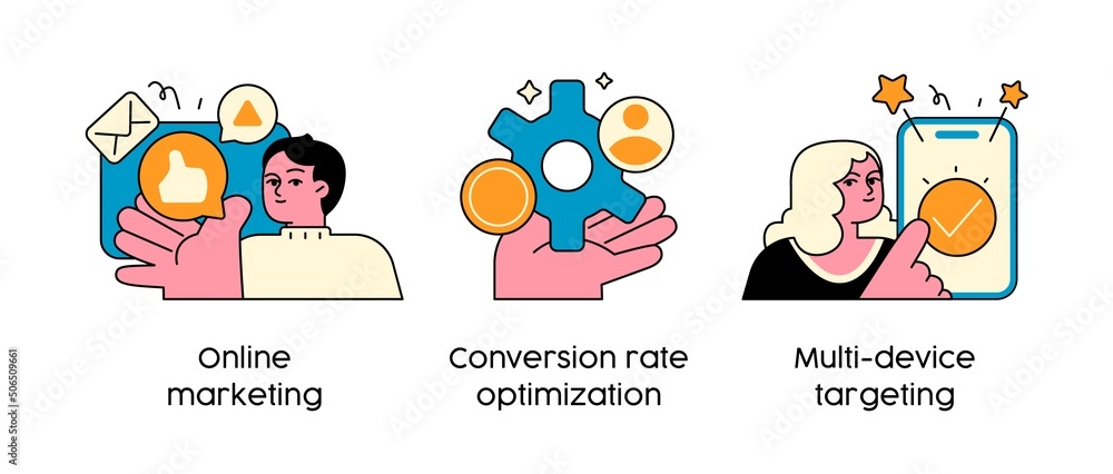 Effective marketing strategies - set of business concept illustrations. Online marketing, conversion rate optimization, Multi-device targeting. Visual stories collection.