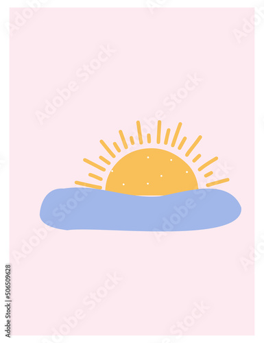 Card sun in the cloud, dawn, sunset on pink background in flat style