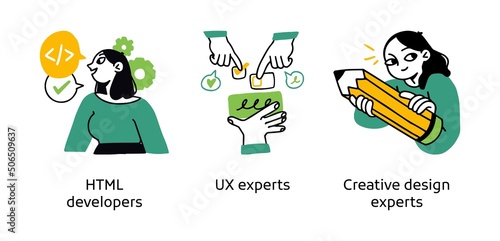Web application development experts - abstract business concept illustrations. HTML developers, UX experts, Creative designers. Visual stories collection