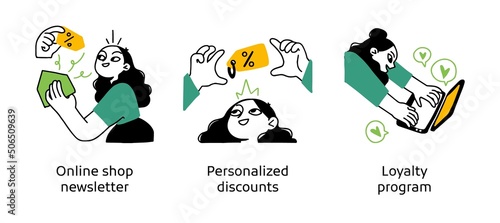 Online shop customer loyalty program - set of business concept illustrations. Shop newsletter, Personalized discounts, Loyalty program. Visual stories collection.