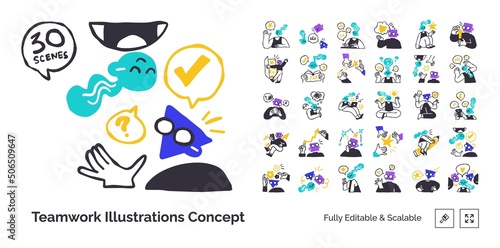 Business Teamwork illustrations. Mega set. Collection of scenes with men and women taking part in business activities. Trendy style