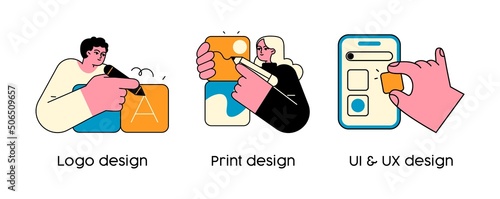 Design services - set of business concept illustrations. Logo design, print and ui ux design. Visual stories collection