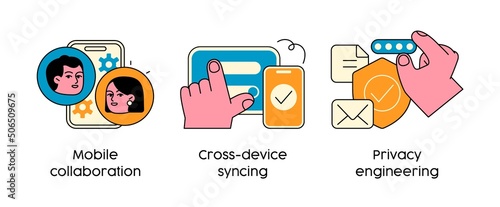 Mobile Project Management Tools - set of business concept illustrations. Mobile collaboration, Cross-device syncing, Privacy engineering. Visual stories collection.