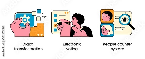 Modern technology to improve government performance - concept illustrations. Digital transformation, Electronic voting, People counter system. Visual stories collection