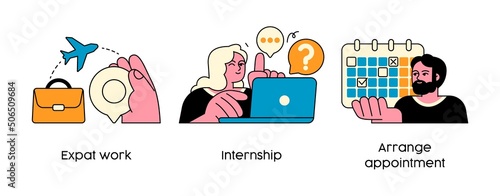 Remote work and travel - abstract business concept illustrations. Expat work, Internship, Arrange appointment. Visual stories collection