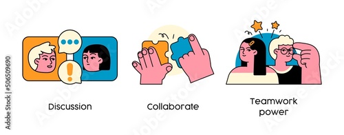 Strategies to Build Collaborative Teams - set of abstract business concept illustrations. Discussion, Collaborate, Teamwork power. Visual stories collecction.