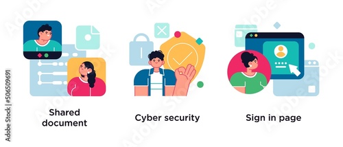 Cloud service access abstract concept vector illustration set. Shared document, cyber security, sign in page abstract metaphor.