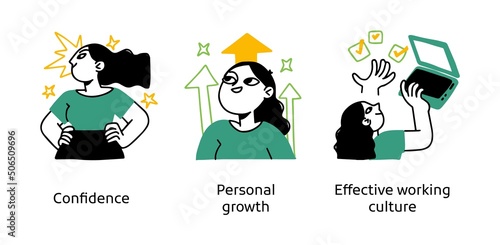 Soft skills development - set of abstract business concept illustrations. Confidence, Personal growth, Effective working culture. Visual stories collecction