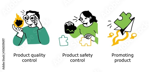 Quality control and product satisfaction research check - set of abstract business concept illustrations. Product quality control, Safety control, Promoting product. Visual stories collecction