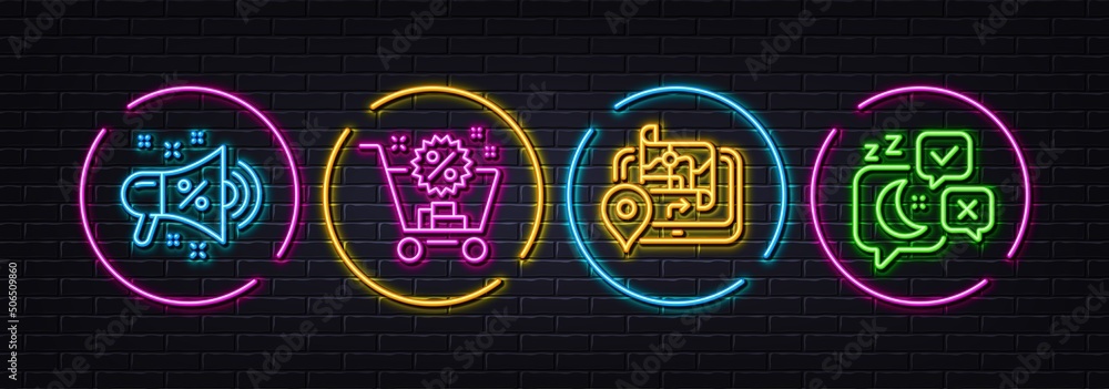 Sale megaphone, Shopping cart and Gps minimal line icons. Neon laser 3d lights. Sleep icons. For web, application, printing. Shopping, Discount, Journey map. Night chat. Neon lights buttons. Vector