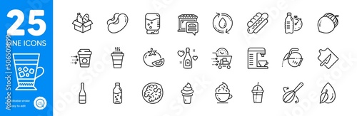 Outline icons set. Ice cream, Water cooler and Love champagne icons. Acorn, Food donation, Fitness water web elements. Frappe, Beans, Cooking whisk signs. Food delivery, Coffee cocktail. Vector