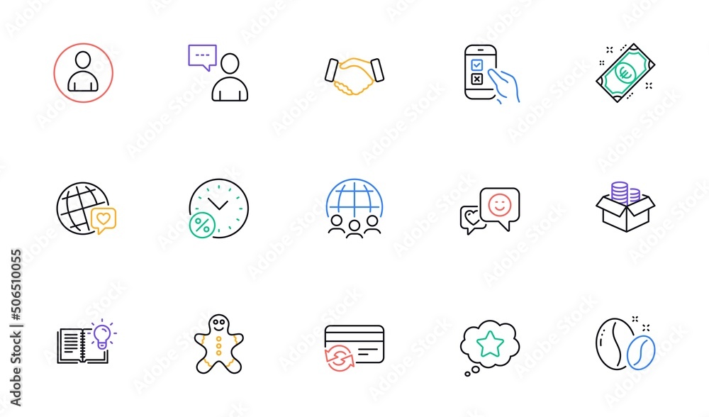 Mobile survey, World brand and Smile line icons for website, printing. Collection of Handshake, Avatar, Users chat icons. Loan percent, Money box, Coffee beans web elements. Euro money. Vector Mobile survey, World brand and Smile line icons for website, printing. Collection of Handshake, Avatar, Users chat icons. Loan percent, Money box, Coffee beans web elements. Euro money. Vector