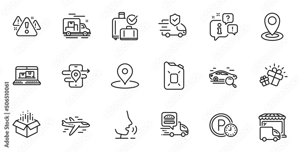 Outline set of Airplane, Gps and Parking time line icons for web application. Talk, information, delivery truck outline icon. Include Location, Baggage reclaim, Delivery truck icons. Vector Outline set of Airplane, Gps and Parking time line icons for web application. Talk, information, delivery truck outline icon. Include Location, Baggage reclaim, Delivery truck icons. Vector