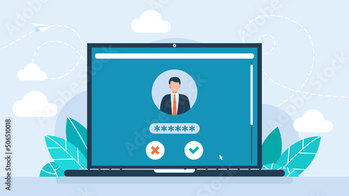 The laptop unlocked the notification button and password field notice. User interface. Secure login and password. Vector illustration for UI, PC app, web. Creative flat design vector illustration