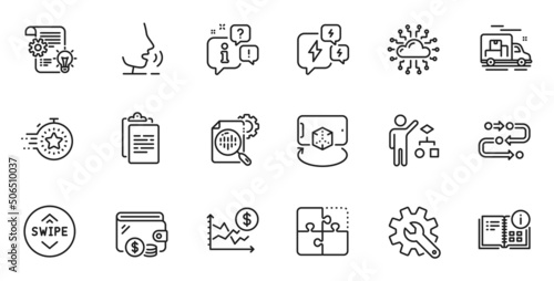 Outline set of Augmented reality, Wallet and Algorithm line icons for web application. Talk, information, delivery truck outline icon. Include Dollar rate, Clipboard, Instruction info icons. Vector