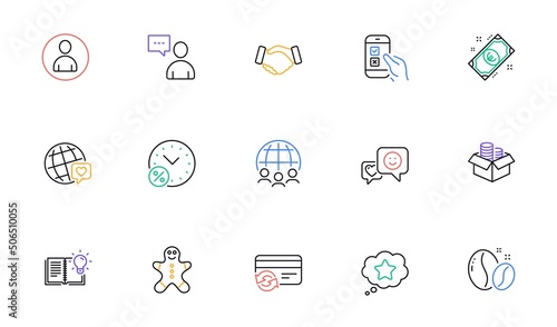 Mobile survey, World brand and Smile line icons for website, printing. Collection of Handshake, Avatar, Users chat icons. Loan percent, Money box, Coffee beans web elements. Euro money. Vector