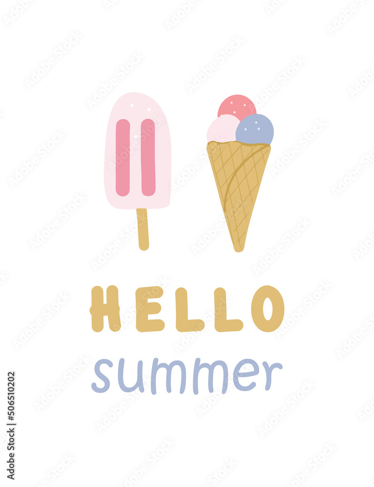 Card with pink ice cream cone and popsicle with text hello summer, vector illustration flat design for print, sticker Card with pink ice cream cone and popsicle with text hello summer, vector illustration flat design for print, sticker
