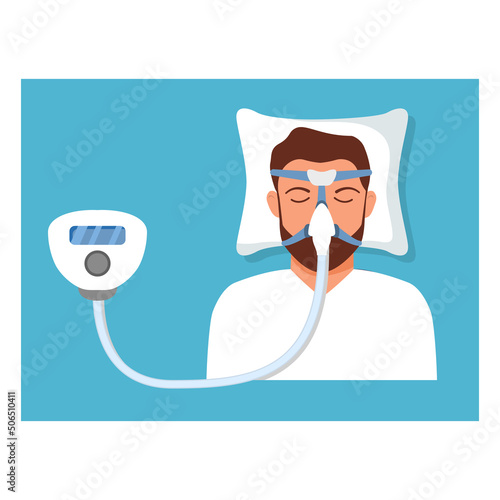 Continuous positive airway pressure.Obstructive sleep apnea.Man lying on bed.Cpap mask.Patient in hospital cpap therapy.mask fitted over a head. The guy with the oxygen mask fitted over a head.