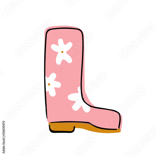 Vector illustration pink rubber boots, gardening items in doodle style for card, print, sticker