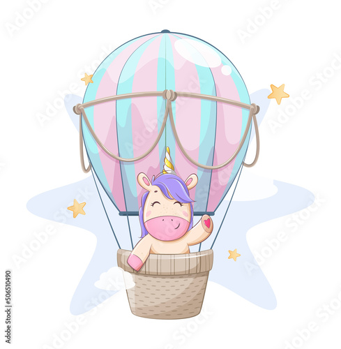 Cute unicorn flying in hot air balloon