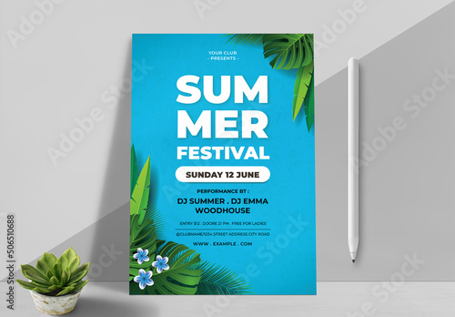 Blue Summer Party Flyer Layout with Palm Trees and Skyline