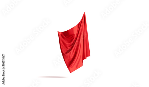 Blank red folded fabric hanging on corner mockup, no gravity