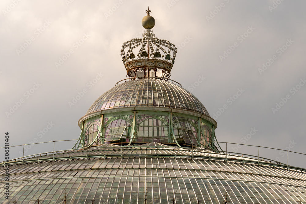Brussels, Belgium, May 4, 2022. Royal Greenhouses of Laeken, Royal Castle of Laeken.Classical style greenhouses designed by Alphonse Balat in 1873 with pavilions, domes and galleries. Brussels, Belgium, May 4, 2022. Royal Greenhouses of Laeken, Royal Castle of Laeken.Classical style greenhouses designed by Alphonse Balat in 1873 with pavilions, domes and galleries.
