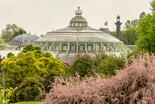 Brussels, Belgium, May 4, 2022. Royal Greenhouses of Laeken, Royal Castle of Laeken.Classical style greenhouses designed by Alphonse Balat in 1873 with pavilions, domes and galleries.