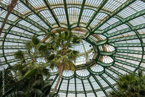 Brussels, Belgium, May 4, 2022. Royal Greenhouses of Laeken, Royal Castle of Laeken.Classical style greenhouses designed by Alphonse Balat in 1873 with pavilions, domes and galleries.