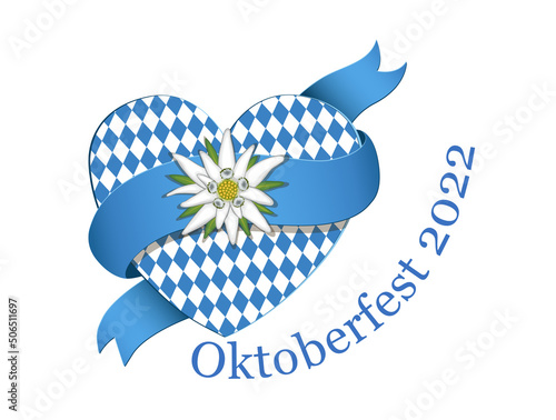 Oktoberfest Herz mit Rautenmuster, Edelweiss und Banderole, mit Text - Oktoberfest 2022,
Vektor Illustration isoliert auf weißem Hintergrund
