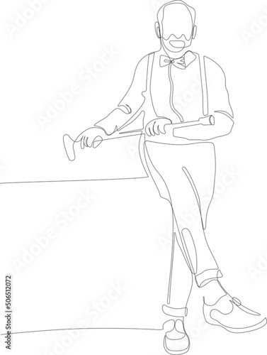 Fototapeta Naklejka Na Ścianę i Meble -  Continuous one line drawing of full length profile of an active grandpa moving dance pensioner party use walk stick raise leg. Vector illustration