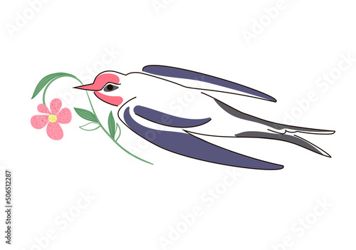 Swallow in flight with a flower in its beak, drawn in doodle style in pastel colors. The bird is flying. Spring symbol. Vector illustration isolated on white background.
