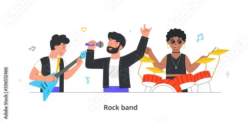 Group portrait of music band. Brutal team of musicians and vocalists performing in rock or indie style. Men and woman with drums and electric guitar. Cartoon flat vector illustration in doodle style