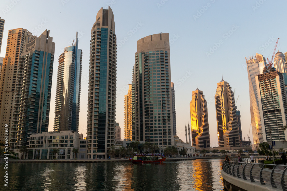 Dubai skyscrapers photographed at sunset