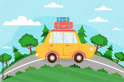 Yellow car with suitcases is driving on the road. Summer background with auto, road, trees. Vacation, tourism, summer trip, holiday. Vector illustration in flat stylle.