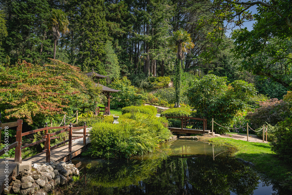 Japanese style garden with ponds, footpaths, small wooden bridges and lush green vegetation in Powerscourt gardens, Enniskerry, Wicklow, Ireland