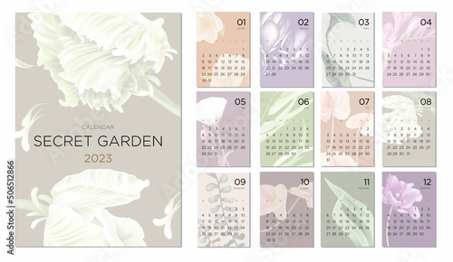 2023 calendar template on a botanical theme. Modern calendar design concept with abstract seasonal flowers. Set of 12 months 2021 pages. Vector illustration