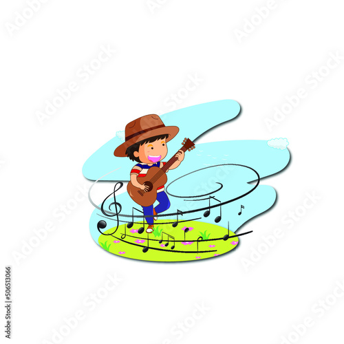 Cartoon doodle a boy playing guitar with melody symbols Free Vector