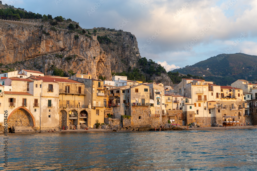 Coastal city of sicily, Italian houses next to the mediterranean with the crystal clear sea