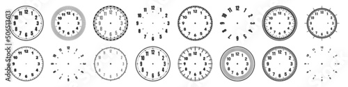 Mechanical clock faces with arabic numerals, bezel. Watch dial with minute, hour marks and numbers. Timer or stopwatch element. Blank measuring circle scale with divisions. Vector illustration