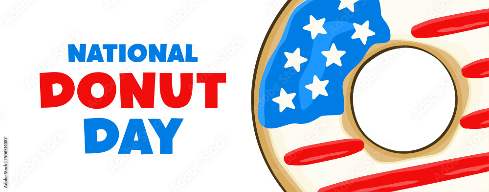 Obraz premium National Donut Day lettering with a donut in colors of the USA flag. Banner concept. Vector illustration. Isolated on white background