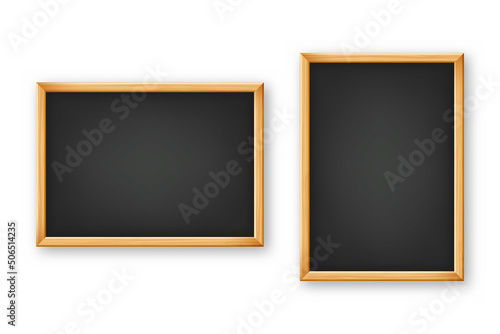 Realistic blank chalkboard in a wooden frame. School blackboard with traces of chalk, writing surface for text or drawing. Presentation board, online studying and e-learning. Vector illustration