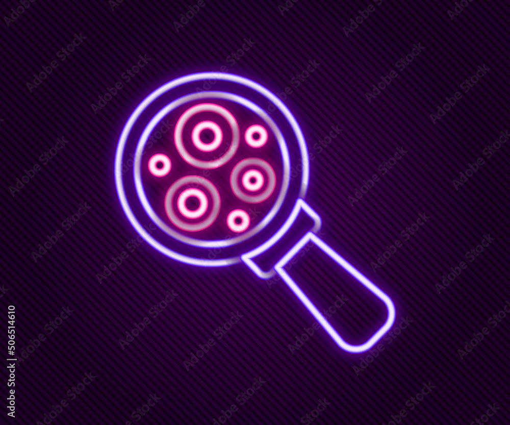 Glowing neon line Microorganisms under magnifier icon isolated on black background. Bacteria and germs, cell cancer, microbe, virus, fungi. Colorful outline concept. Vector