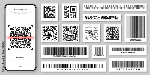Product barcodes and QR codes. Smartphone application, scanner app. Identification tracking code. Serial number, product ID with digital information. Store, supermarket scan labels, vector price tag.