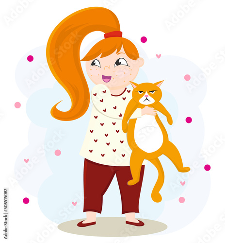 little red-haired girl hugging an unhappy cat. Girl with cat