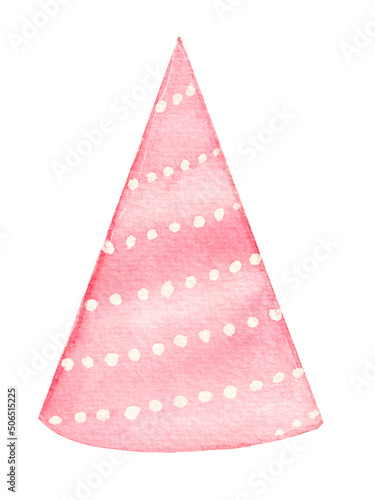 Watercolor illustration with birthday attribute, pink party hat. Festive element isolated on a white background.
