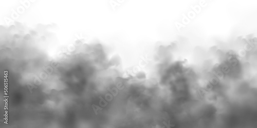 Black realistic smoke, dust clouds isolated on white background. Dirty polluted smog or fog. Air pollution, mist effect. Smoke from fire or explosion. Vector illustration