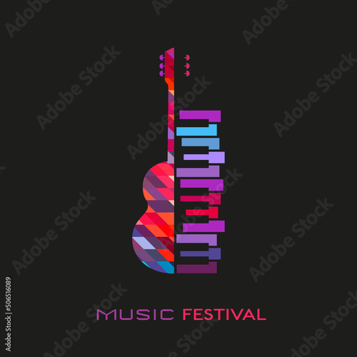 Guitar piano hand drawn bold color music vector icon. Classic Guitar piano keyboard silhouette design element. Vintage musical instrument emblem template. Advertising event background illustration