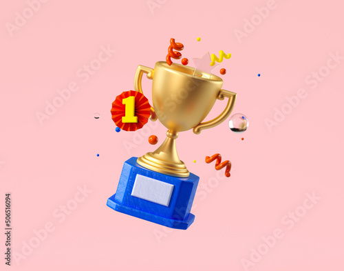 Minimal background for online education concept. Golden trophy on pink background. 3d rendering illustration. Clipping path of each element included.