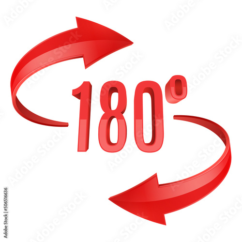 Red glossy 3D curve arrows and 180 degrees sing.